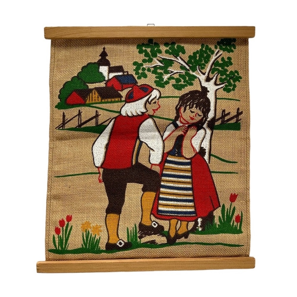 Vintage Mid-Century MCM Retro Folk Art Scandinavian Burlap Textile Wall Hanging